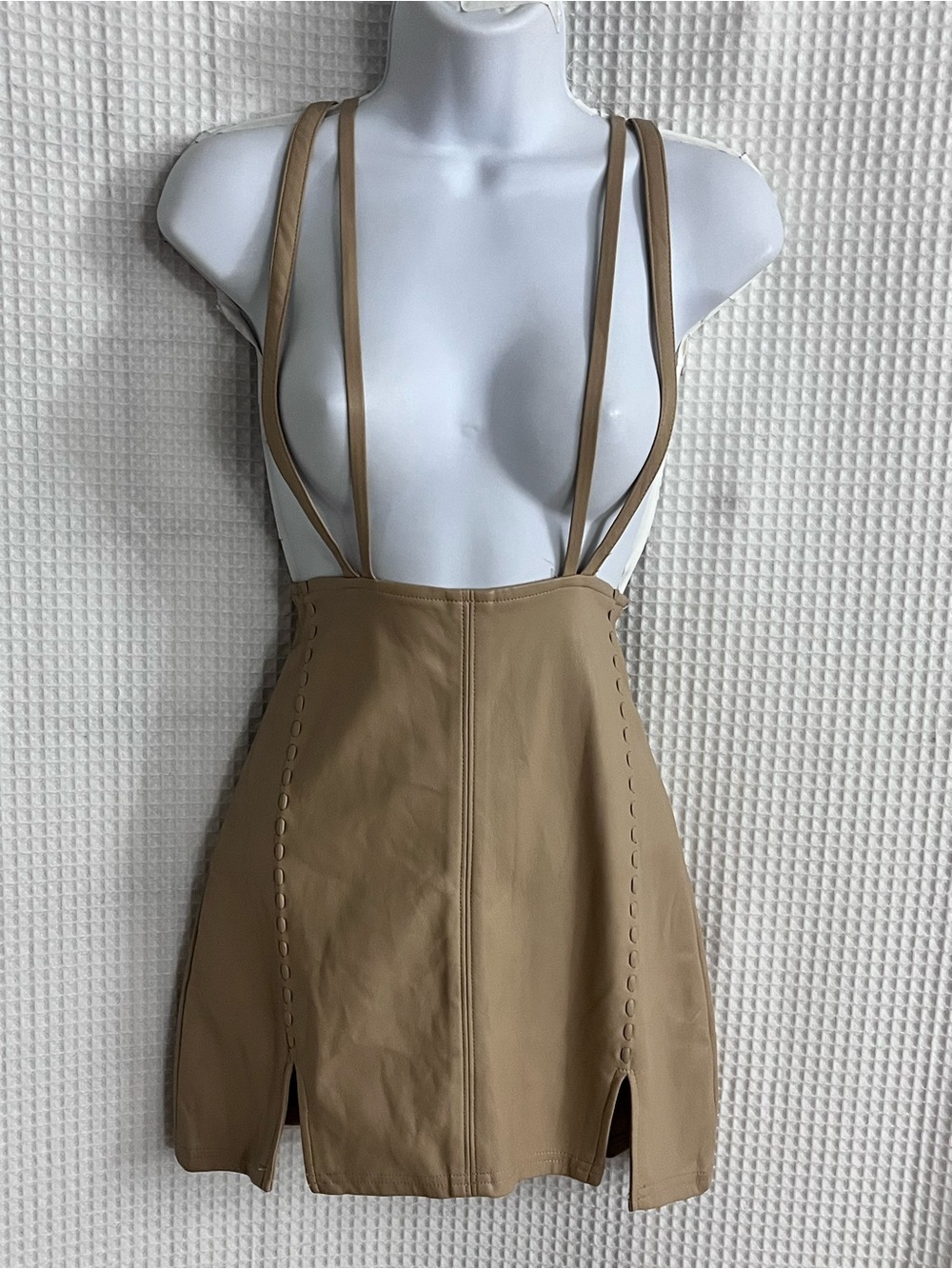 Maniere De Voir Tan Faux Leather Suspender Mini Skirt size 6